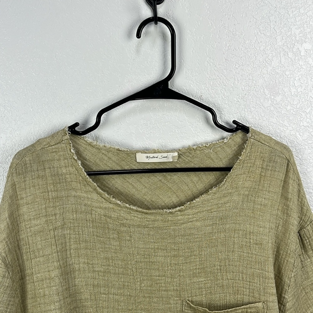 Mustard‎ Seed Sage Green Short Sleeve Top Raw Edge Cotton Bohemian Sz S TC0761 - Picture 7 of 9